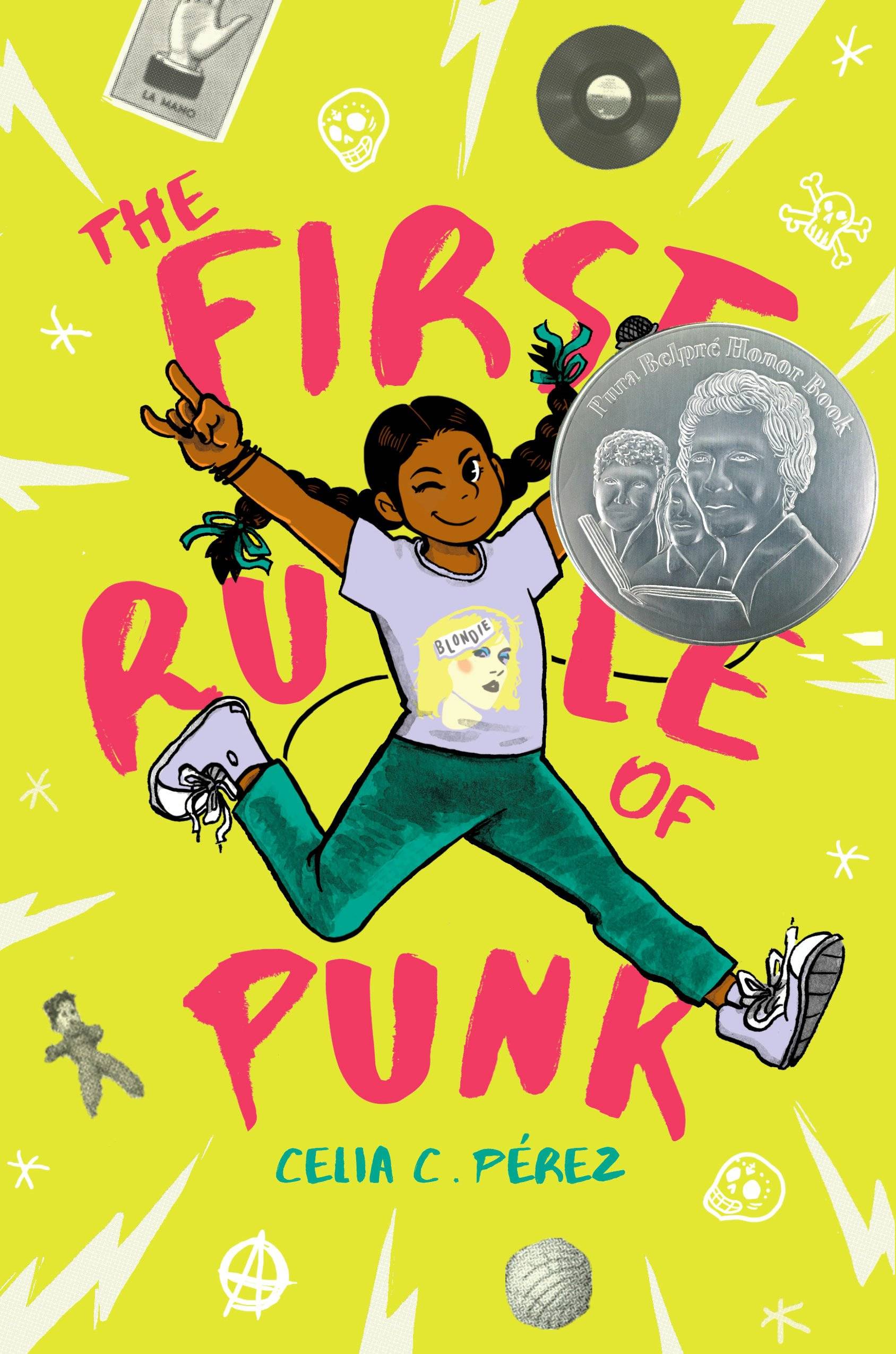 "the first rule of punk" cover featuring an illustration of a child with braided pigtails holding a microphone and giving the rock and roll hand symbol.